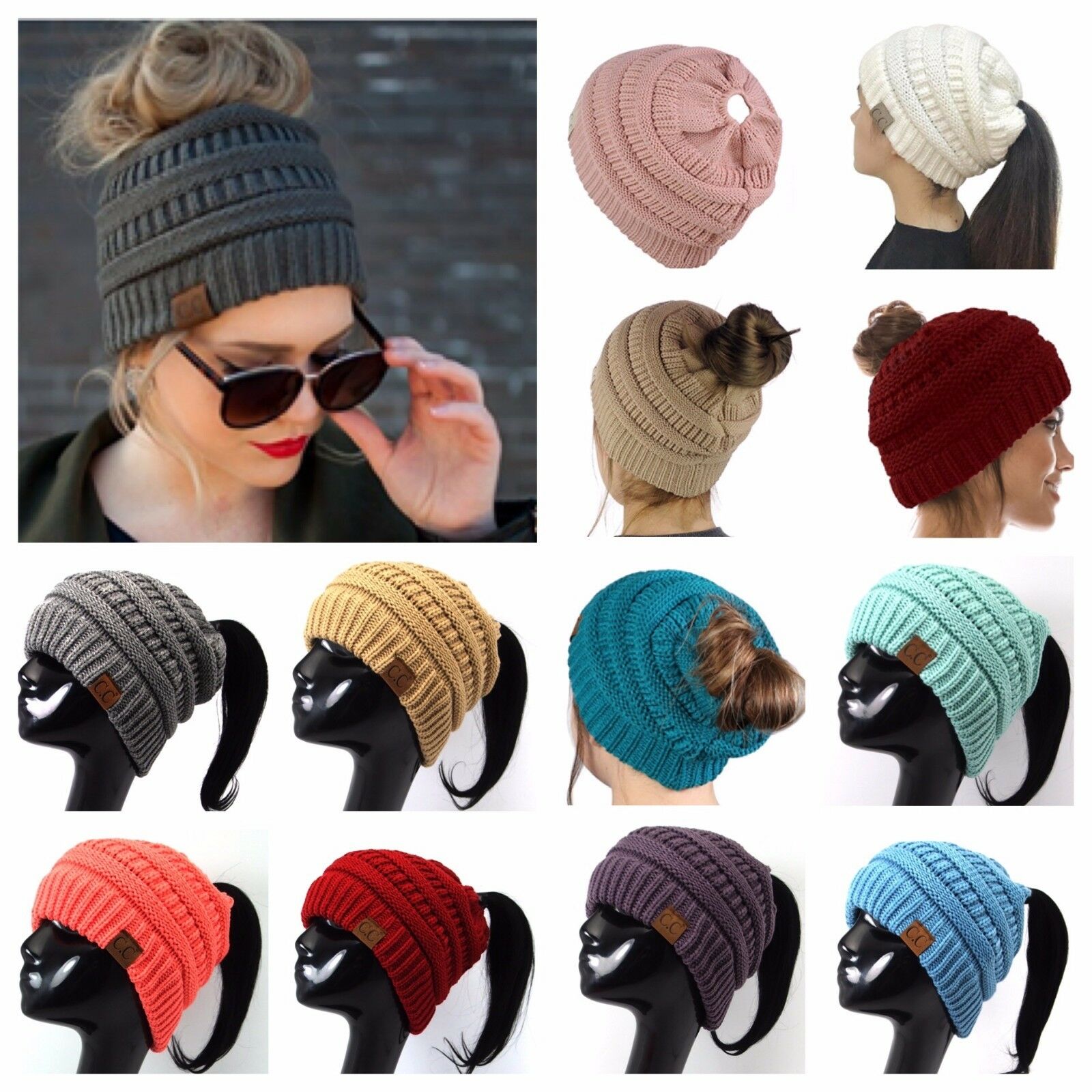 Women Cute Beanie Ponytail Hat Bubble Knit Fashion Slouch Winter Gift Christmas